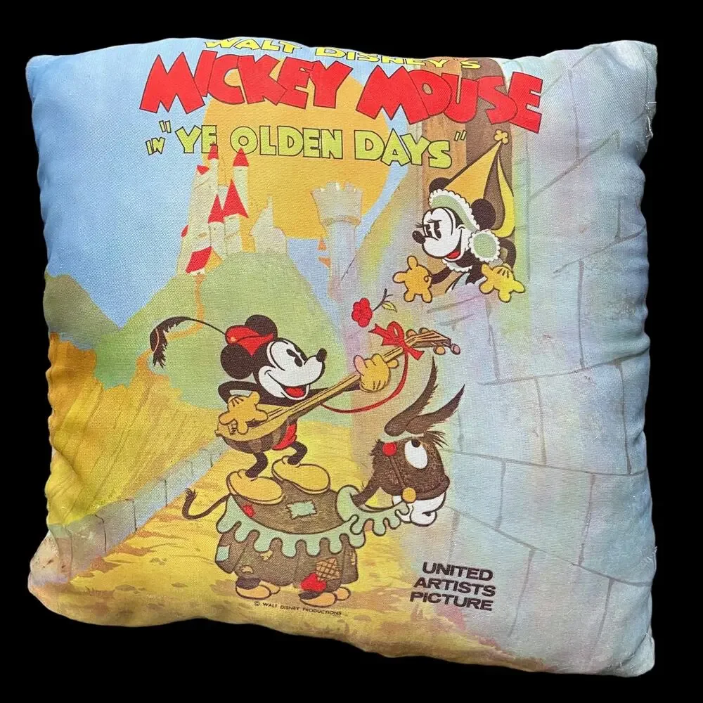 Vintage 1960s Disney Pillow Mickey Mouse Ye Olden Days Throw RARE Bedding FLAW